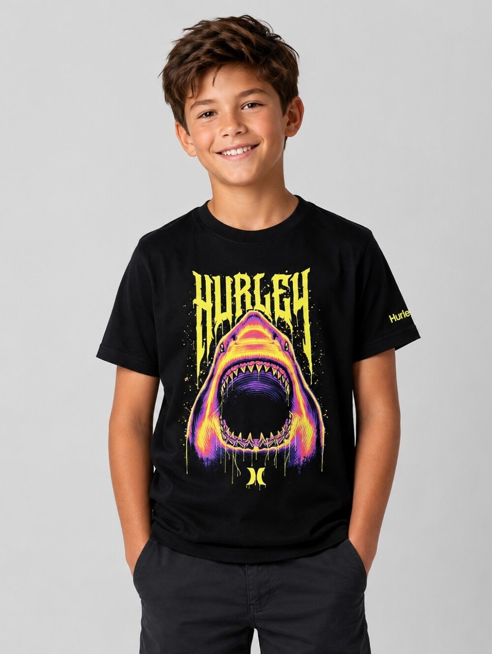 Hurley Youth Boys Medium (10-12) Black Neon Shark Graphic T-Shirt Short Sleeve